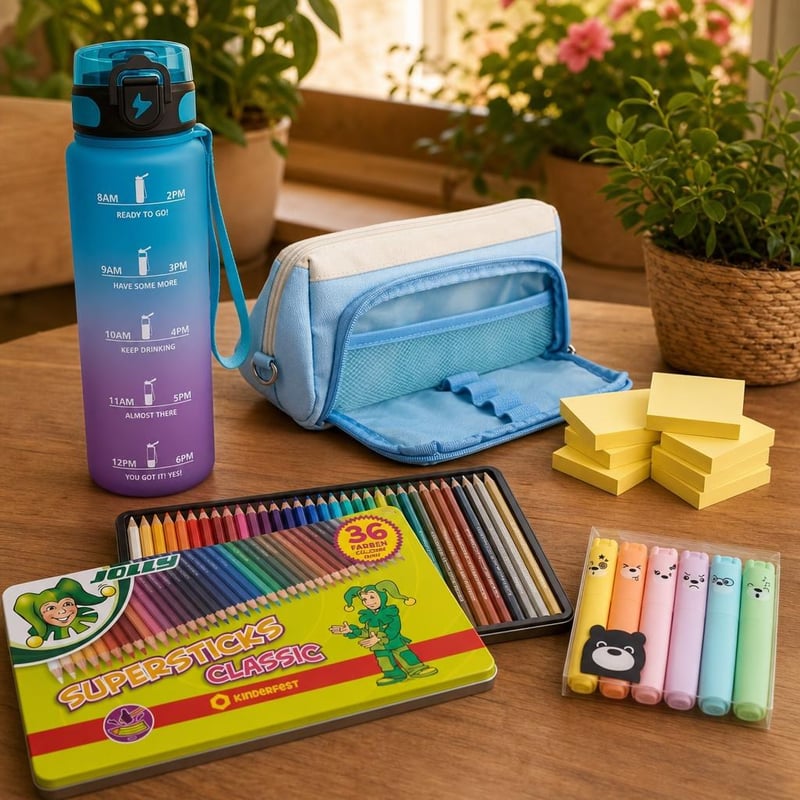 Školski paket: 1x boca + 1x pernica + 36x bojice + 12x blok + 6x marker