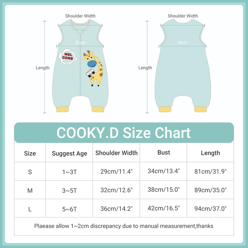 COOKY.D Unisex Baba Hálózsák Lábrésszel - Négyévszakos 2.0 Tog Zsiráf Mintás Hordható Takaró Zöld Színben, Könnyű Pelenkázással (S/1-3 Év)