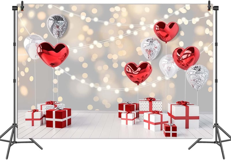 Glitteres Piros Valentin-napi Fotóháttér Lufikkal - Újracsomagolt