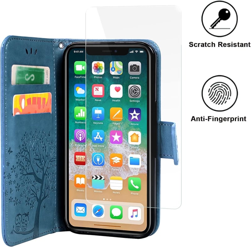 iPhone 13 Pro Max Baglyos Bőr Pénztárcatáska Kártyatartóval, Kék