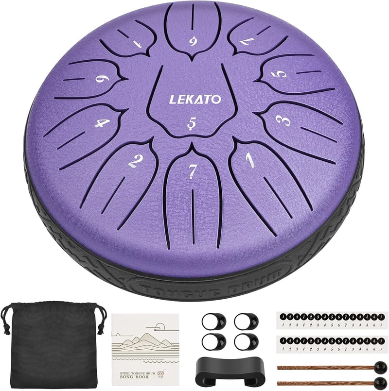 LEKATO 6 hüvelykes D-dúr acél nyelvdob, 11 hangú, lila - Meditációhoz, jógához