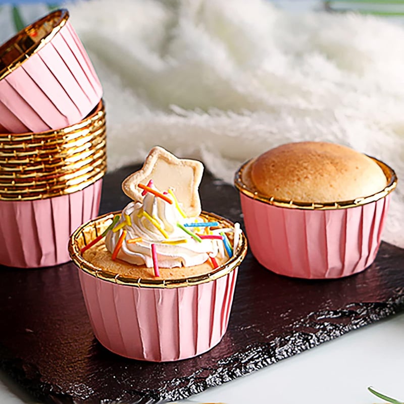Spesh 50 db Rózsaszín-Arany Papír Sütőforma Muffin Kosárkák - Eldobható Süteményes Kapszlik Muffinhoz, Brownie-hoz és Cupcake-hez