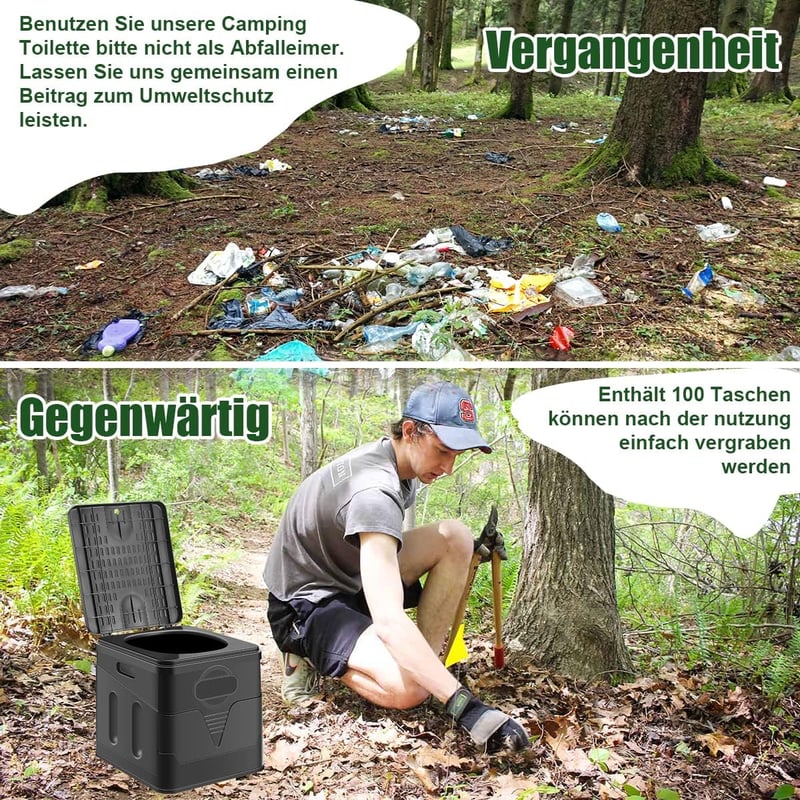 HANDSONIC Összecsukható Kemping WC - Hordozható Száraz Toalett Vegyszer Nélkül, 12 Organikus Zacskóval, Időjárásálló PP Anyagból, Kültéri Tú