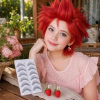 Epres cosplay varázs: eper fülbevaló + rövid piros paróka + 8 pár 3D műszempilla 1