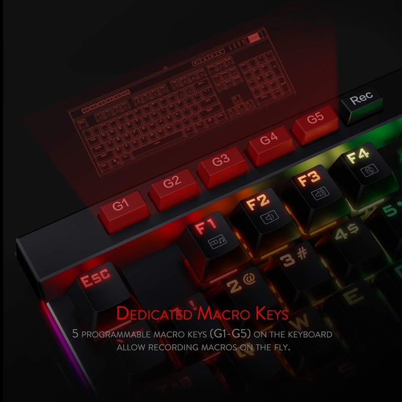 Redragon K580 VATA RGB LED Mechanikus Gamer Billentyűzet Kék Kapcsolókkal, Háttérvilágítással, Makró Gombokkal és Médiakonzollal, PC/Mac Kom