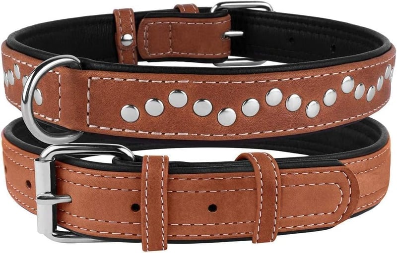 CollarDirect Kézzel Készített Valódi Bőr Kutyanyakörv - Puha Párnázott Barna Nyakörv Közepes Méretű Kutyáknak, Szegecsekkel Díszítve, 50-55 
