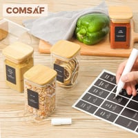 ComSaf Légmentes Bambusz Tetős Fűszertartó Szett 12db - 250ml Négyzetes Üvegek Címkékkel 6