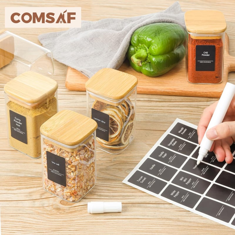 ComSaf Légmentes Bambusz Tetős Fűszertartó Szett 12db - 250ml Négyzetes Üvegek Címkékkel