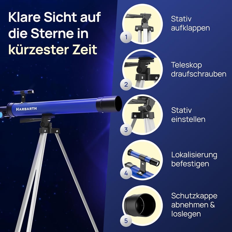 HARBARTH Csillagászati Távcső 50mm Objektívvel - 50x/100x Nagyítás, Okostelefon Adapterrel, Állvánnyal - Kezdő Csillagászoknak, Bolygók és C