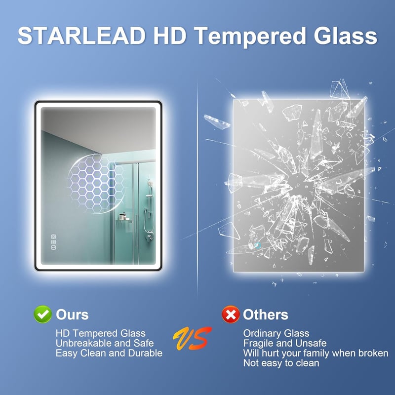 STARLEAD Fürdőszobai Tükör Szabályozható LED Világítással, 3 Színhőmérséklet, Páramentesítő, Bluetooth Hangszóró, Edzett Üveg, 80x60 cm, Fek