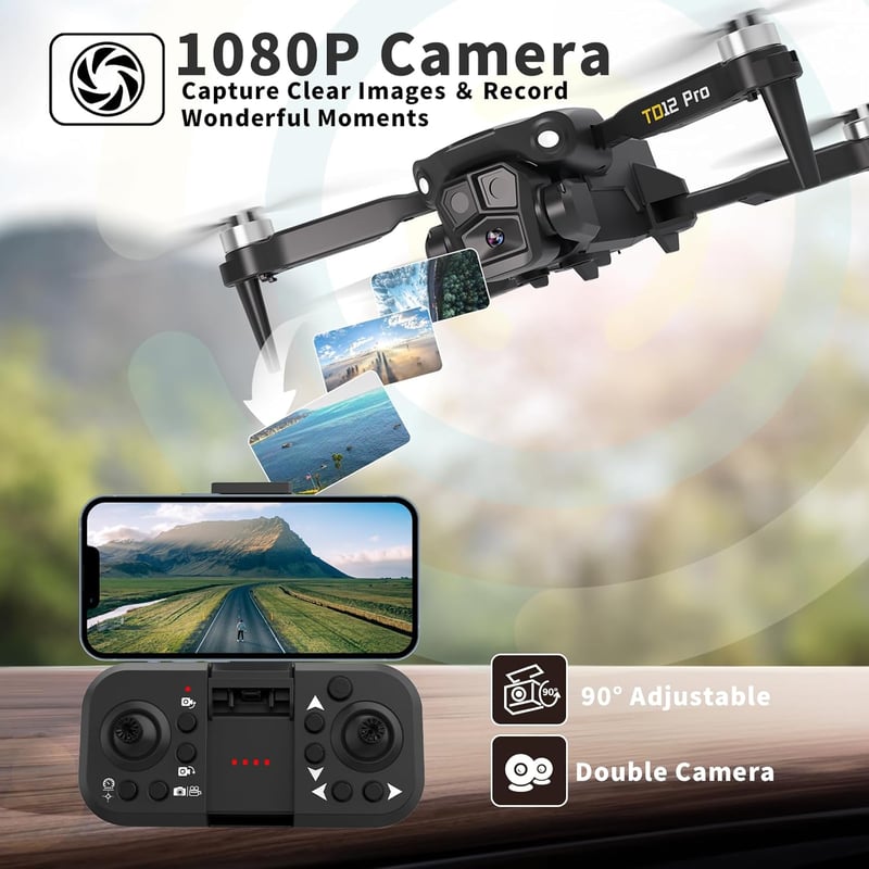 Toladrone TD12Pro FPV Drón 1080P Kamerával - Kefementes Motorral, Optikai Pozicionálással, 90° Állítható Kamerával, Kezdőknek és Haladóknak