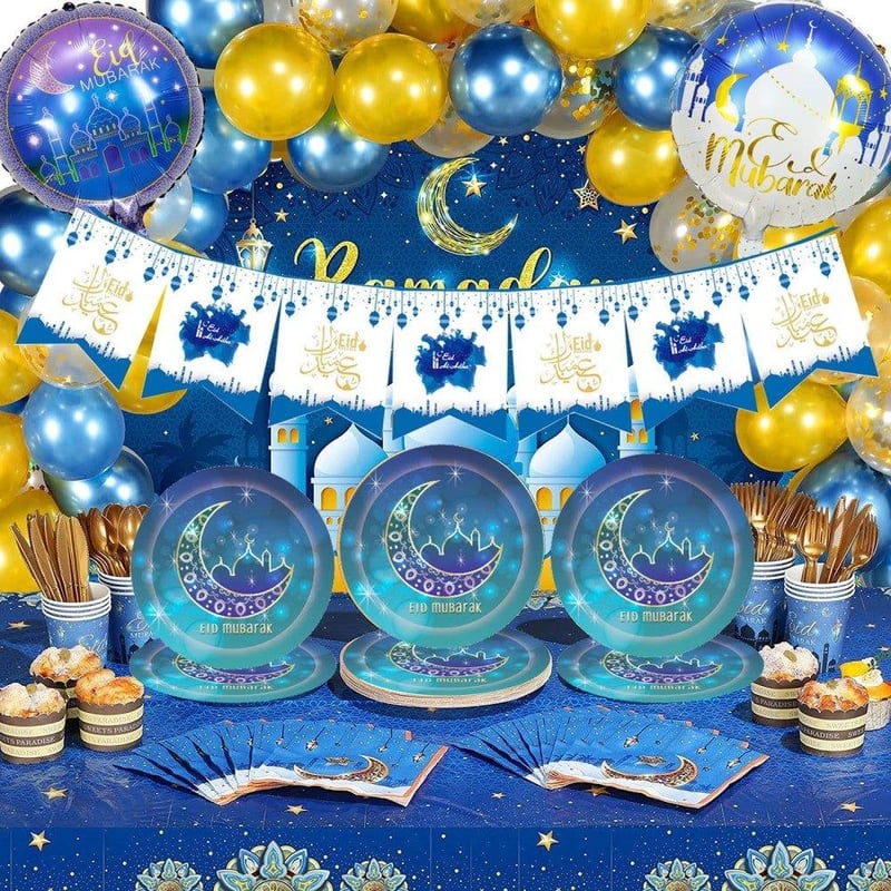 Ramadan Kék Parti Készlet - Eid Asztali Dekoráció Tányérokkal és Szalvétákkal