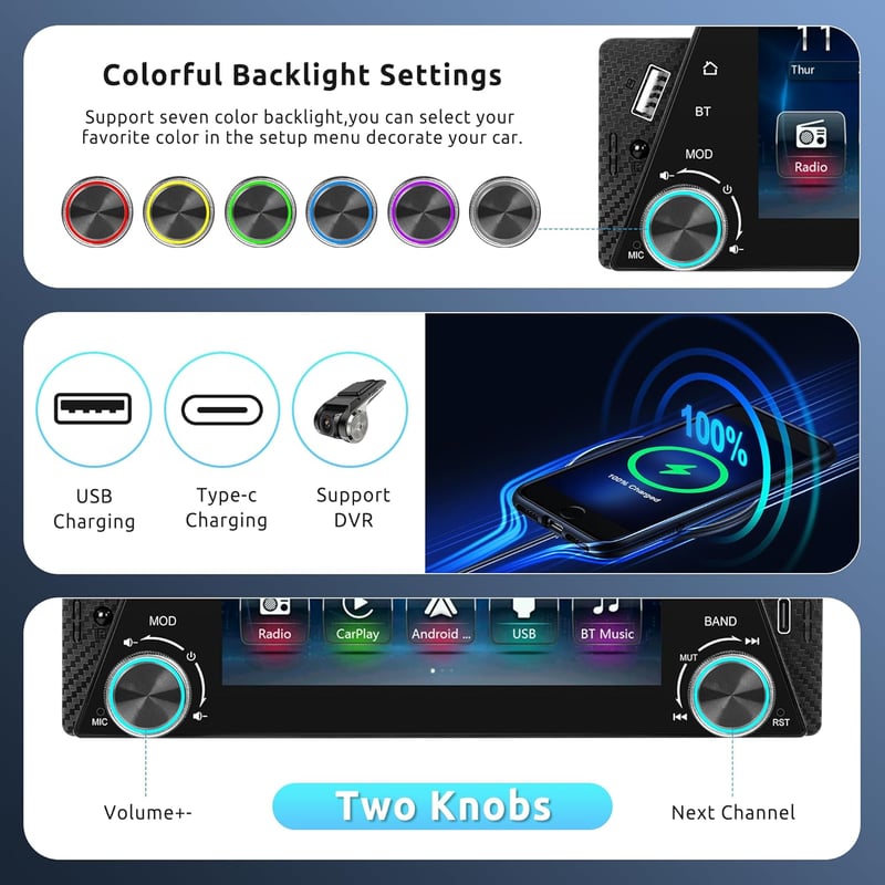 Vezeték nélküli Carplay autórádió 1 DIN Android tükrözéssel, 5" kijelzővel, Bluetooth kihangosítóval, FM rádióval, tolatókamerával 