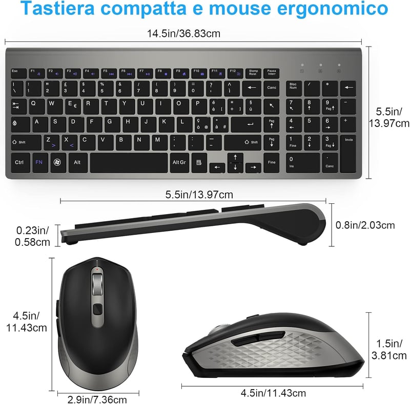 Olasz QWERTY vezeték nélküli billentyűzet és egér szett, ergonomikus, Windows/PC/Laptop