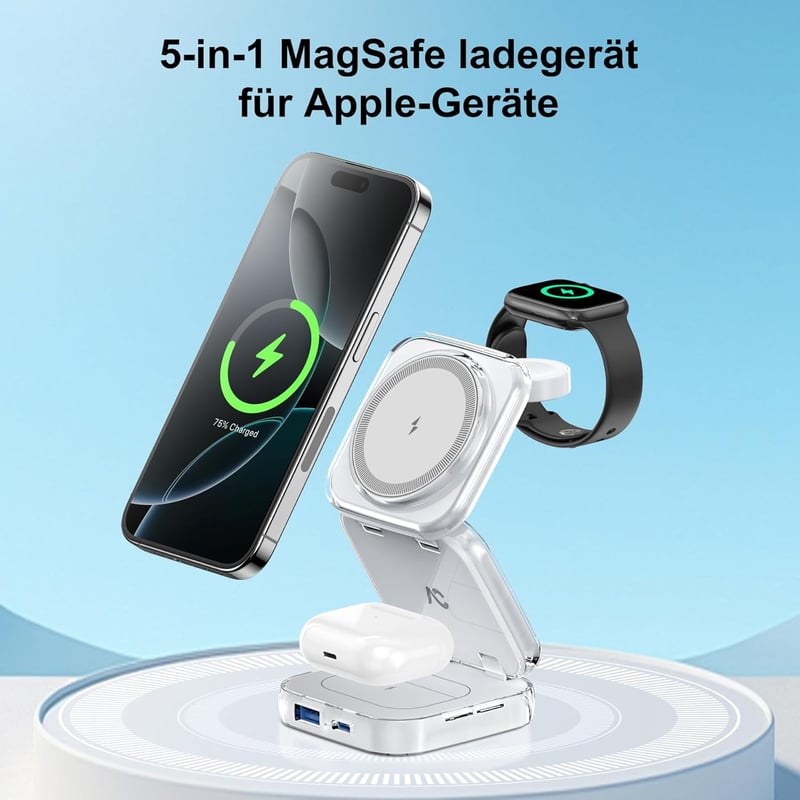 AC ISLAND 5 az 1-ben MagSafe Töltőállomás iPhone és Apple Watch Készülékekhez - Összecsukható Vezeték Nélküli Utazó Töltő USB-C/USB-A Portok