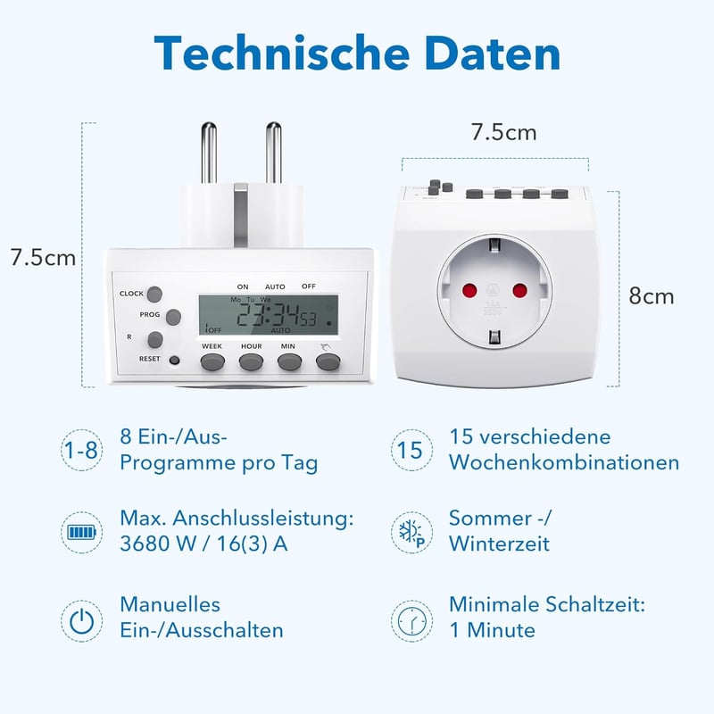 HBN Digitális Időzítő Készlet 2db - Heti Programozható Időkapcsoló 8 Kapcsolási Programmal, Véletlenszerű Funkcióval, 16A/3680W, Beltéri Has