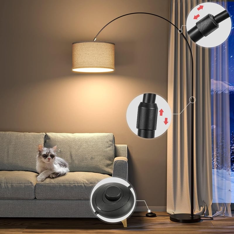 Modlicht Jasmin Ívelt Állólámpa - E27 LED 9W, 3000K Meleg Fény, 33cm Lenvászon Lámpaernyő, Bézs, 165-180cm, Nappali, Hálószoba, Iroda