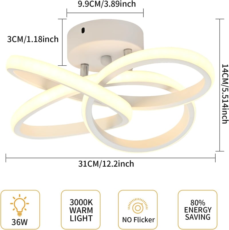 KUKAK 36W LED Mennyezeti Lámpa - Kerek Fehér Modern Minimál Dizájn, 3000K Meleg Fény, 3900lm, Fürdőszobába, Konyhába, Hálóba, Előszobába