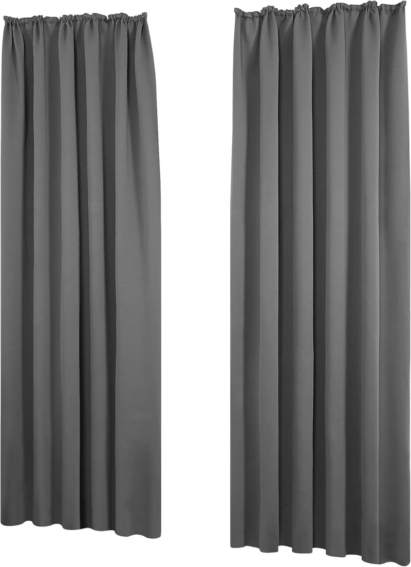 Deconovo Sötétítő Függöny Hőtartó Polyester Anyagból - Világosszürke Fényzáró Függönypár Ráncolt Szalaggal, 245x140 cm, Hőszigetelő