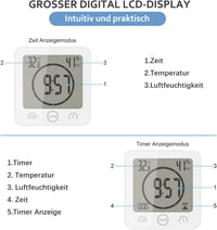 VORRINC Vízálló Digitális Fürdőszobai Óra - LCD Kijelzős Időmérő Hőmérséklet és Páratartalom Kijelzéssel Konyhába, Zuhanyzóba 4