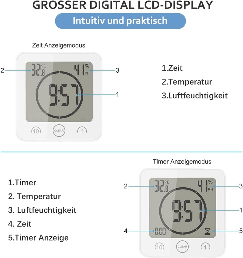VORRINC Vízálló Digitális Fürdőszobai Óra - LCD Kijelzős Időmérő Hőmérséklet és Páratartalom Kijelzéssel Konyhába, Zuhanyzóba