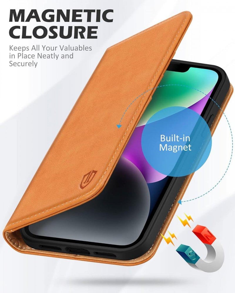 iPhone 14 5G barna bőr tok pénztárcával, kártyatartóval és állvánnyal