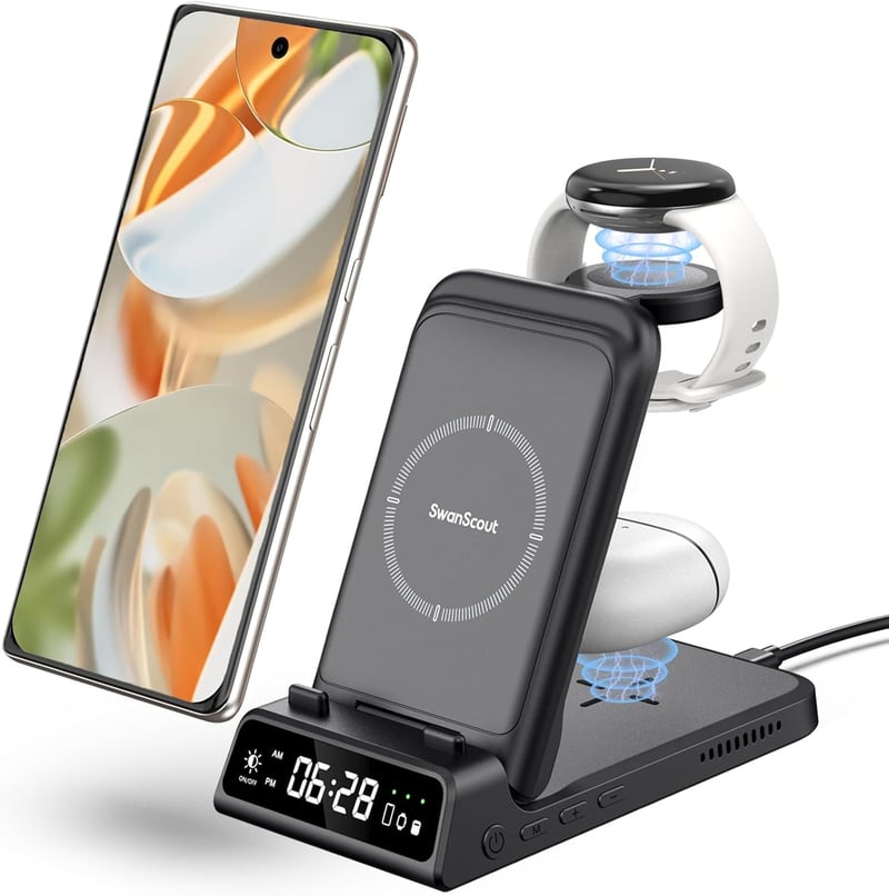 SwanScout 703G Összecsukható Indukciós Töltőállomás Google Pixel Órához, 4 az 1-ben Vezeték Nélküli Töltő Pixel 9/8/7/6/5/4 Telefonokhoz és 