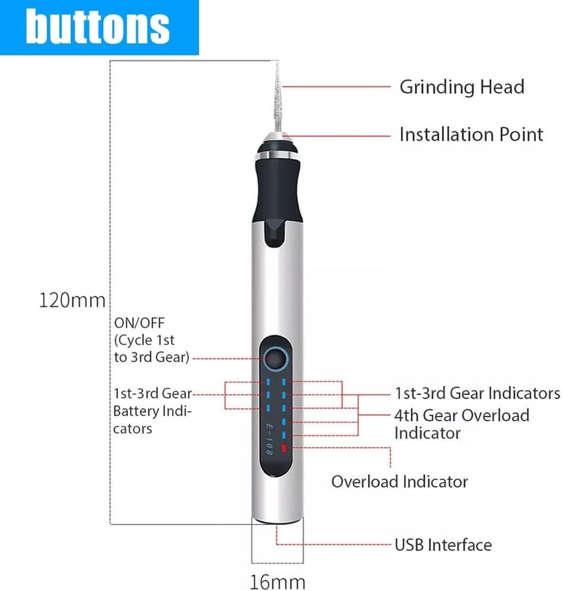 Akkus USB mini gravírozó készlet - fémre, fára, üvegre, ékszerre (ezüst)