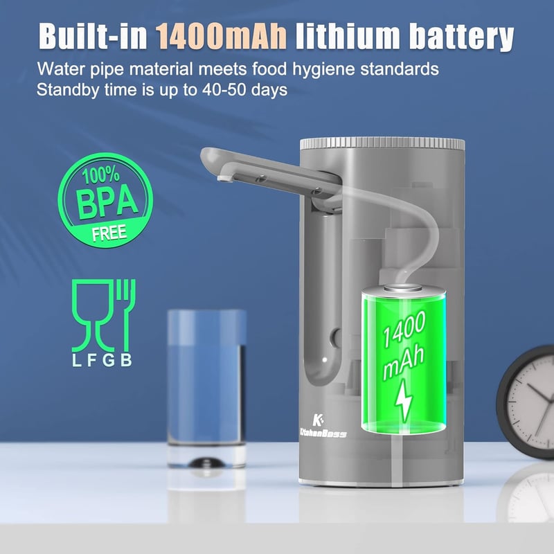 KitchenBoss Elektromos Vízadagoló Pumpa - USB Tölthető, 1-5 Gallonos Palackokhoz, BPA-mentes, Hordozható, Automatikus Adagolás, Ezüst