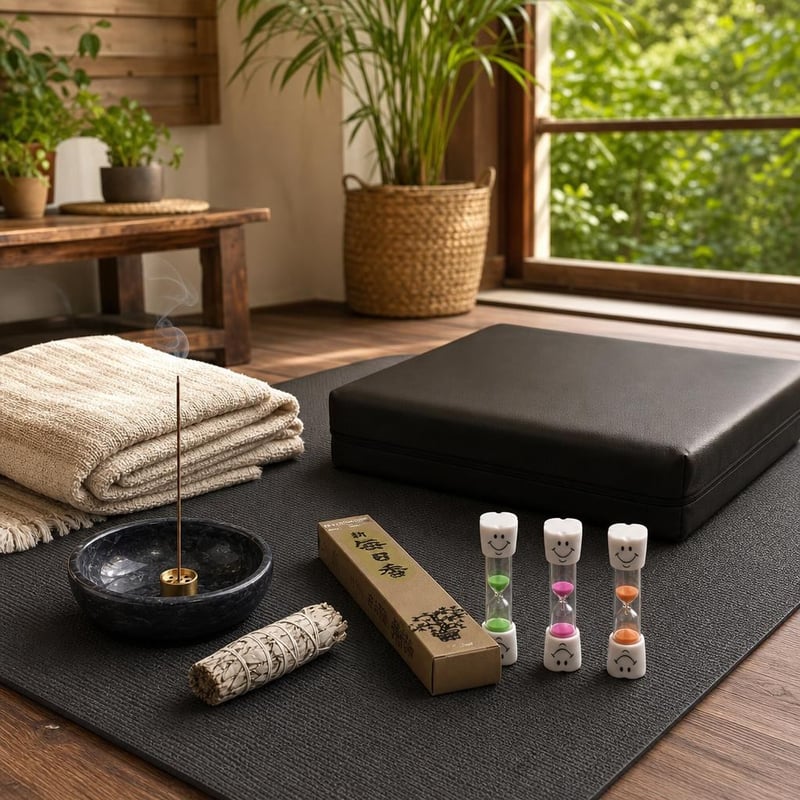 Pachet Meditație Liniștită: suport tămâie + 50 bețișoare + pernă + saltea yoga + 3 clepsidre + pătură