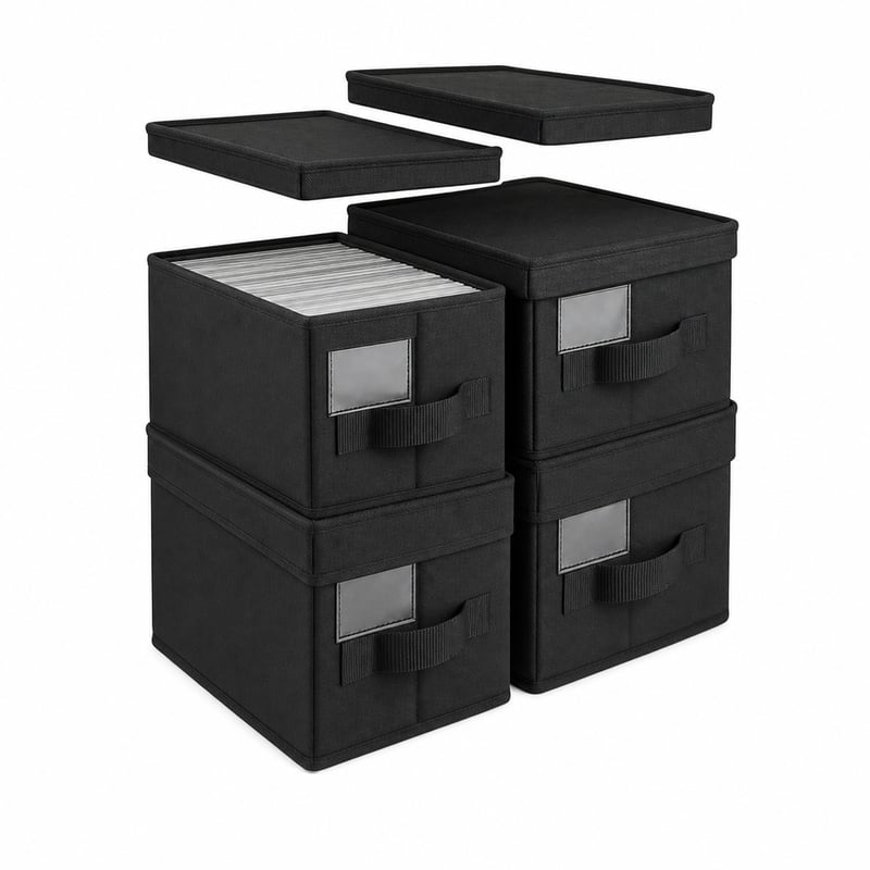 Vixzoid CD tároló doboz szett 3 db fedeles összecsukható tárolódoboz fekete 35x17x14 cm — 1 fedő hiányzik (állapot: lásd a 2. képet)