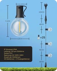 EDISHINE Kültéri Fényfüzér 15m - G40 LED Izzók, IP44 Vízálló, Törhetetlen Égők, Kerti Világítás 6