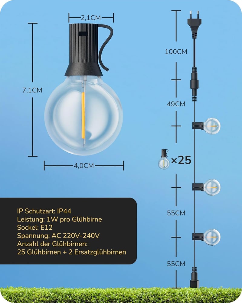 EDISHINE Kültéri Fényfüzér 15m - G40 LED Izzók, IP44 Vízálló, Törhetetlen Égők, Kerti Világítás