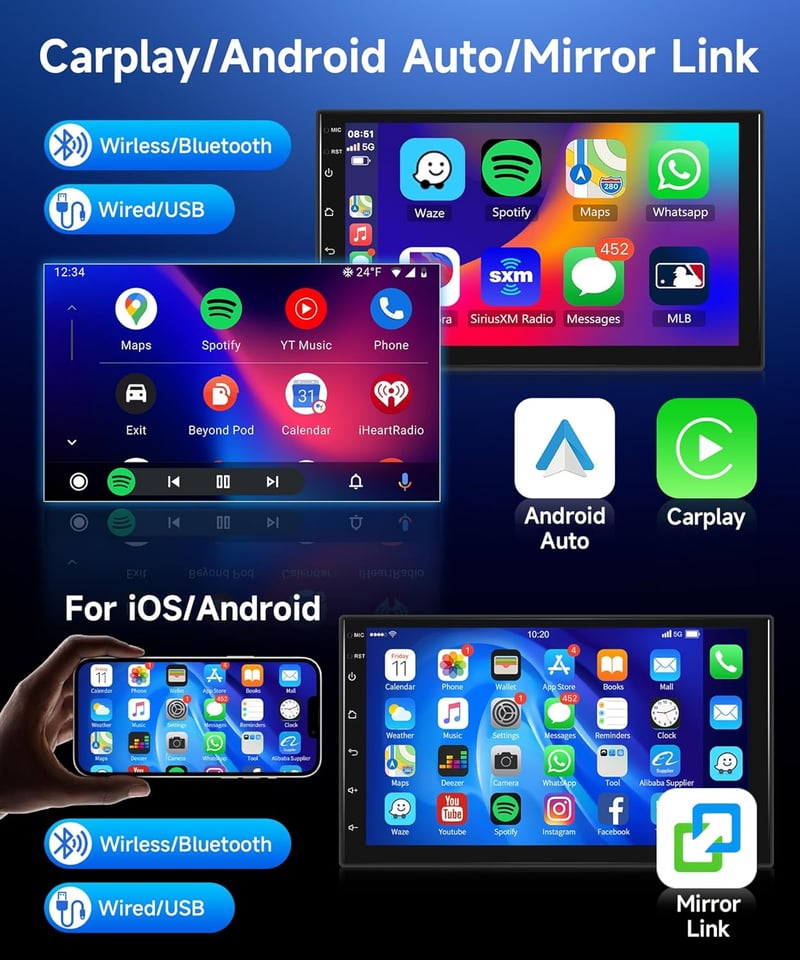 Rimoody 7" 2 DIN Autórádió Android 13 - 4G+64GB Vezeték Nélküli Carplay, GPS Navigáció, WiFi, Érintőképernyő, Bluetooth, Tükrözés, FM/RDS, 3