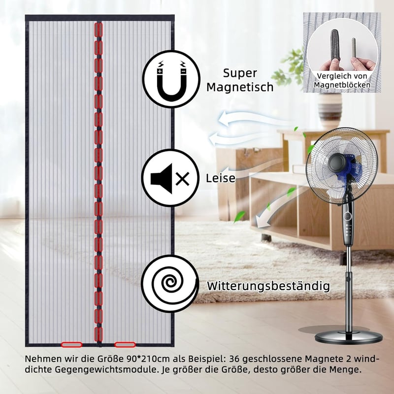 GingMoo Mágneses Szúnyogháló Ajtóra - Erkélyajtó Rovarháló Függöny Fúrás Nélkül, Önzáródó, Teraszajtóra, Tolóajtóra (90 x 210 cm, Fekete)
