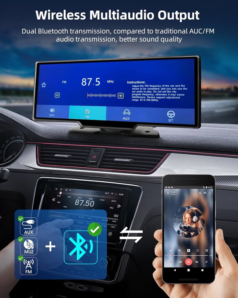 Jansite 10,26" Vezeték Nélküli CarPlay Android Autós Kijelző 2.5K Fedélzeti Kamerával, Tolatókamerával, Bluetooth, Mirror Link, 64GB TF Kárt