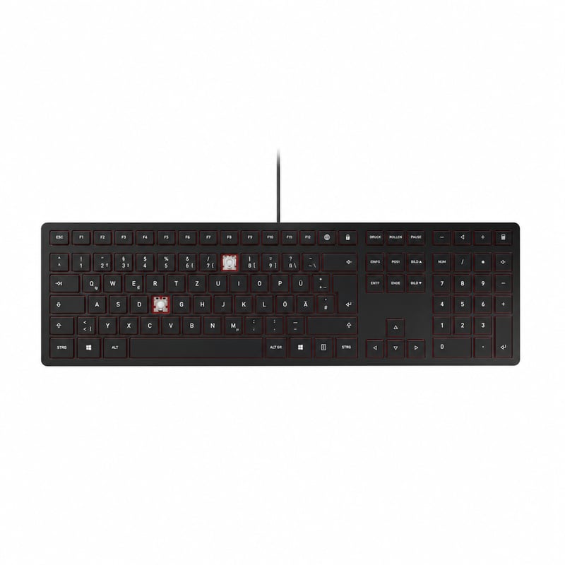 Klávesnica CHERRY KC 6000 Slim USB, čierna, nemecké rozloženie QWERTZ — chybná, na náhradné diely: chýbajú 2 klávesy (stav: pozri 2. obrázok)