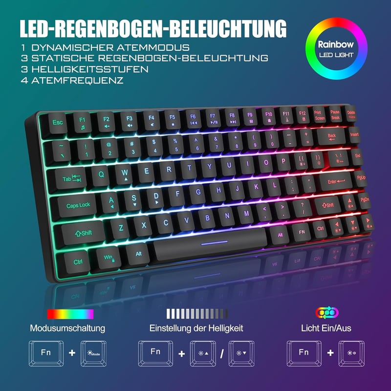 RedThunder 75% Vezeték Nélküli Gamer Billentyűzet és Egér Szett, QWERTZ DE Kiosztás, TKL Kompakt Újratölthető, 7200DPI Méhsejt Kialakítású  - black