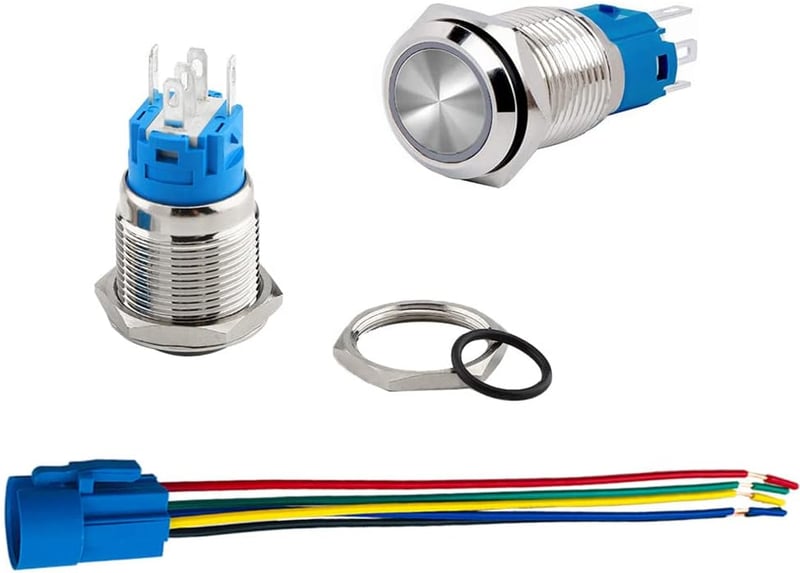 Aiqeer 16 mm-es Nyomógomb Kapcsoló Szett (2 db) - 12V/24V 5A Autó Indító Kapcsoló, IP67 Vízálló Rozsdamentes Acél, Előre Kábelezett Aljzatta