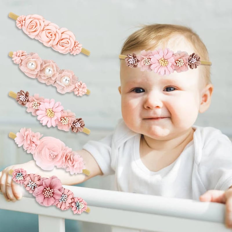 5 db Cinaci virágos hajpánt babáknak és kislányoknak - puha nylon fejdísz