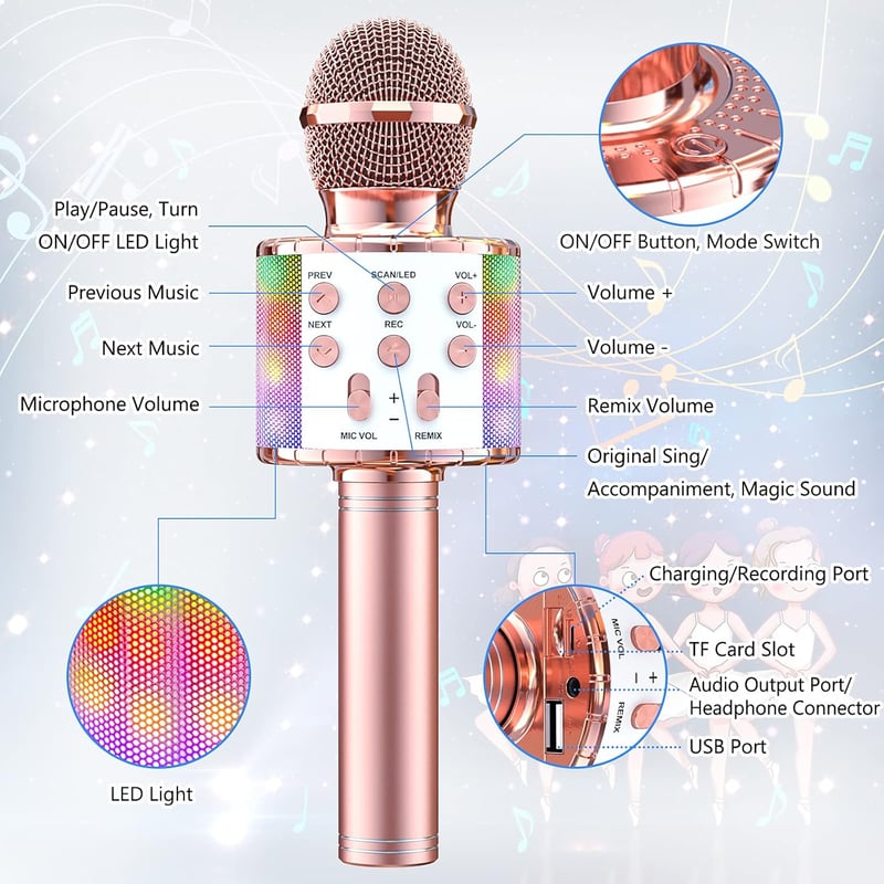 Wowstar LED-es Bluetooth Karaoke Mikrofon Hangszóróval, Rozéarany - Android/iOS