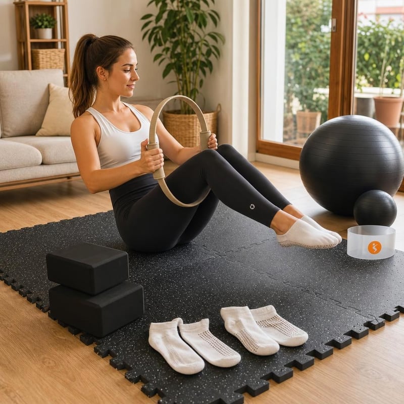 Pilates set za vježbanje: 12x puzzle podloga + 85/23 cm lopte + obruč + pilates prsten + 2x blok + 2 para čarapa