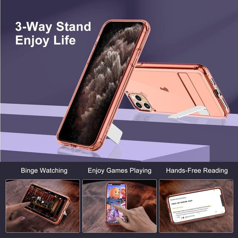 Apple iPhone 11 Pro Max Rózsaarany Áttetsző Szilikon Tok Kitámasztóval