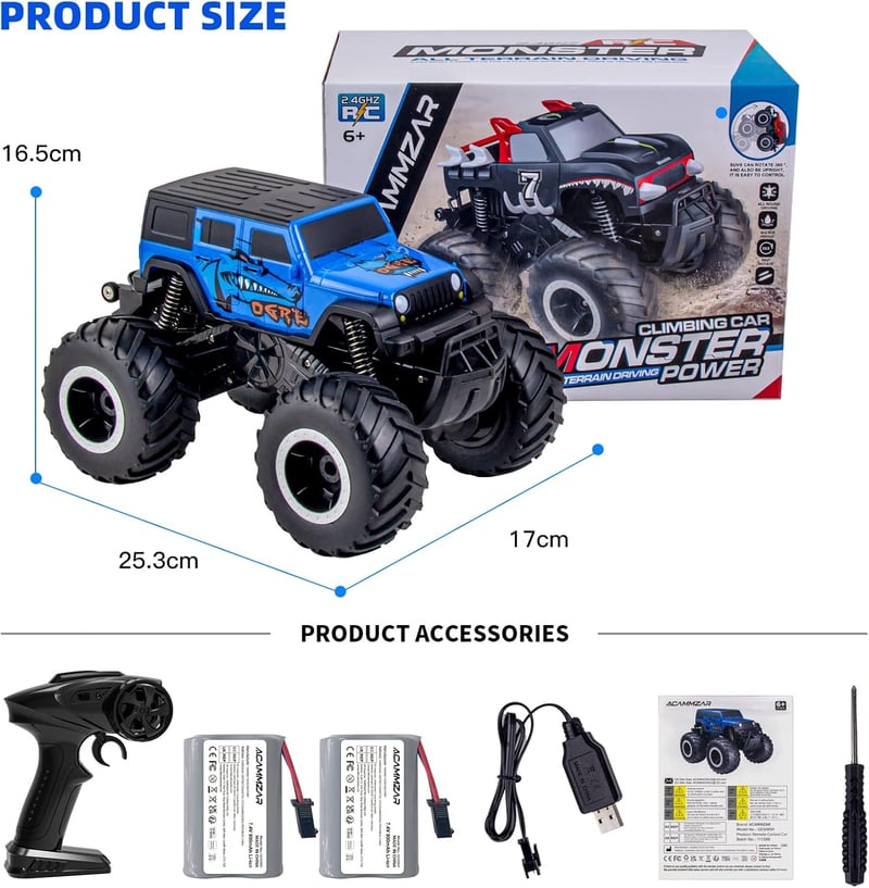 ACAMMZAR Kétéltű Távirányítós Autó Akksis- 2.4GHz 4WD 360° Forgás, Vízálló Monster Truck, 2 Akkumulátorral, Terepjáró RC Jármű 
