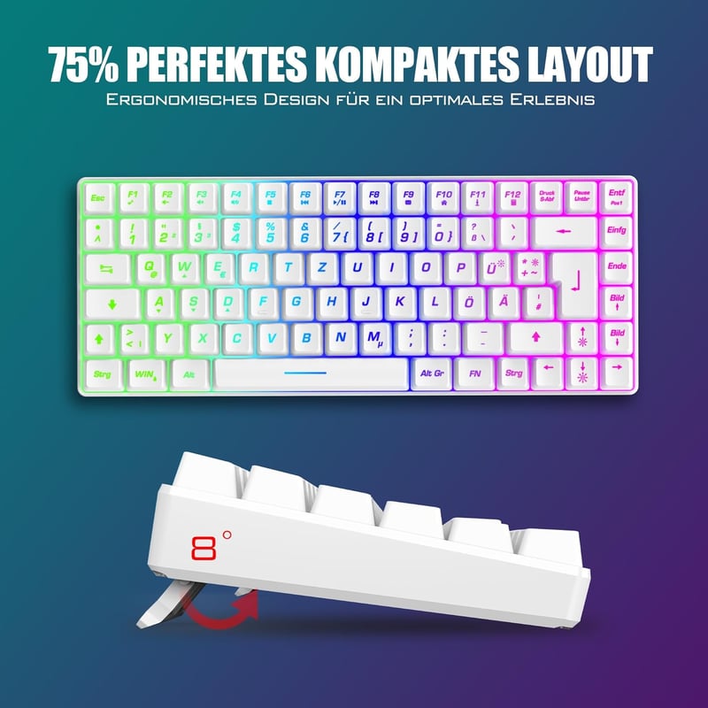 RedThunder 75% Vezeték Nélküli Gamer Billentyűzet és Egér Szett, QWERTZ DE Kiosztás, TKL Kompakt Mini Billentyűzet, 7200DPI Méhsejt Egér, PC - White