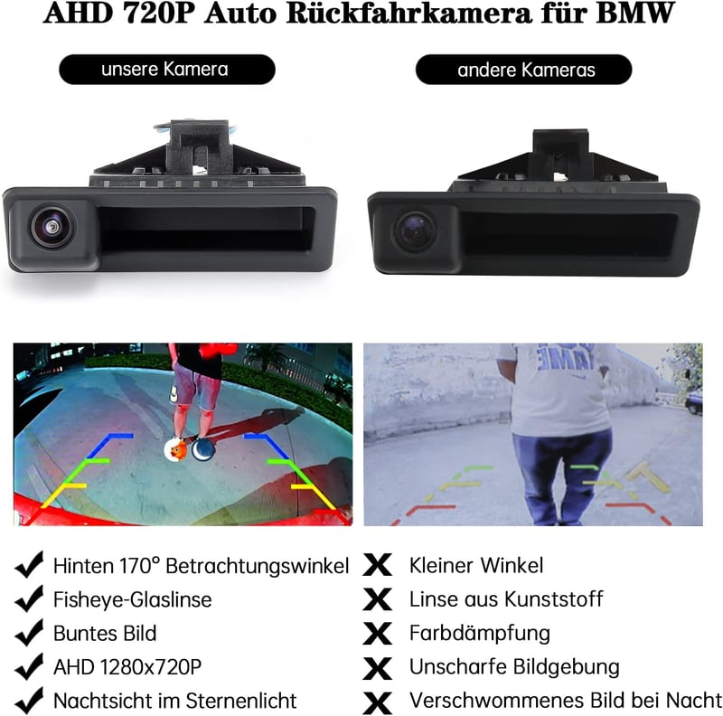 BMW E39 E60 E70 E82 E90 170°-os AHD 720P tolatókamera kofferraumgriffbe integrálva