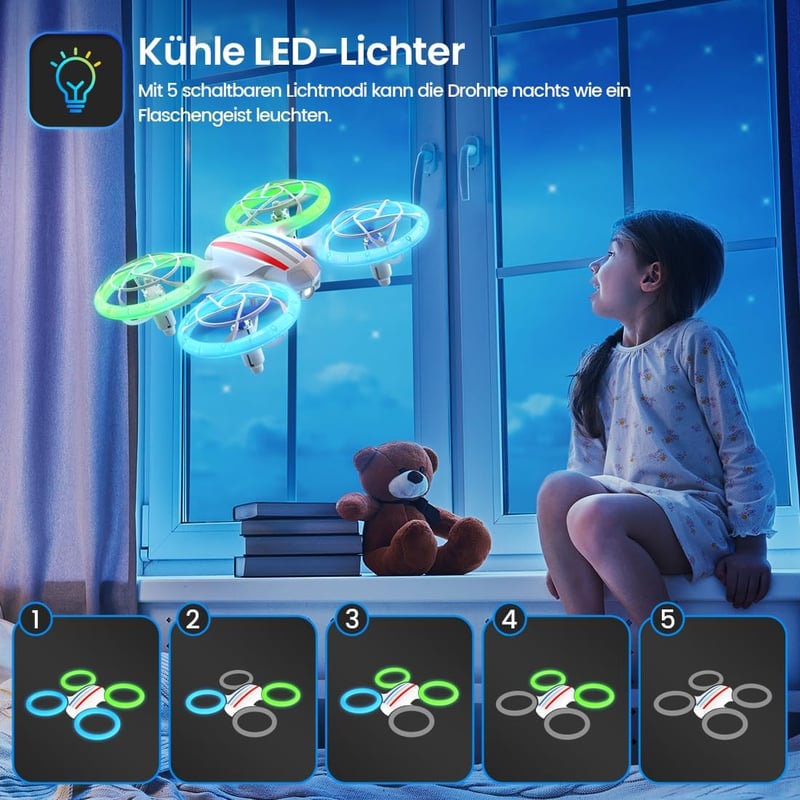 DEERC D23 Mini Drón Gyerekeknek - RC Quadcopter LED Világítással, 2 Akkumulátorral, Teljes Propellervédelemmel, 3D Flip Funkcióval, Kezdőkne
