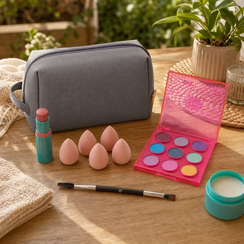 Štartovací set pre líčenie: rúž + 6x hubka + 9-farebná paleta + štetec + taštička + odličovač