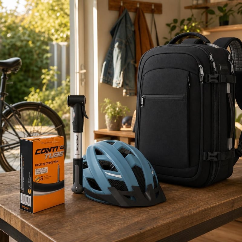 Kit complet pentru bicicliști: 1x cameră 60mm Presta + pompă mini + cască LED + rucsac 60L
