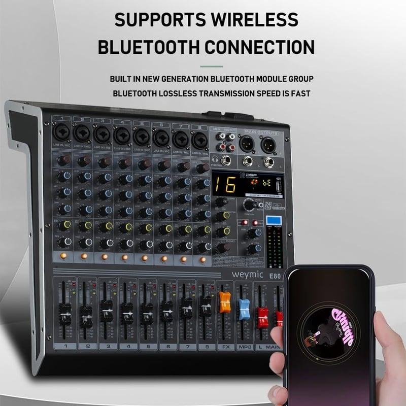 Weymic E-Series 8 csatornás professzionális keverőpult DJ-knek, stúdiófelvételhez, karaokéhoz - USB, XLR, 48V fantomtáp, Bluetooth